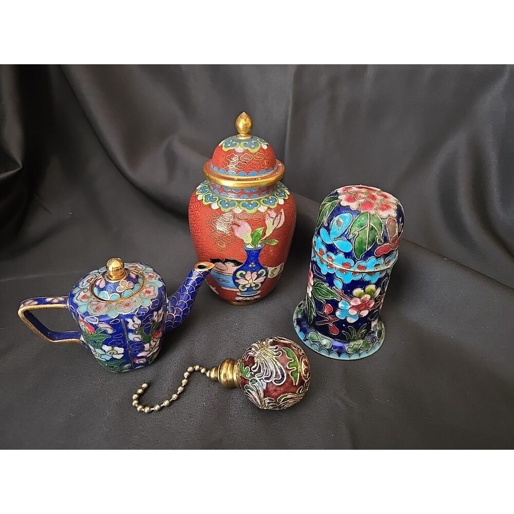 Lot of 3 Vintage Cloisonné Enamel Trinket Boxes Teapot Ginger Jar Toothpick Pull